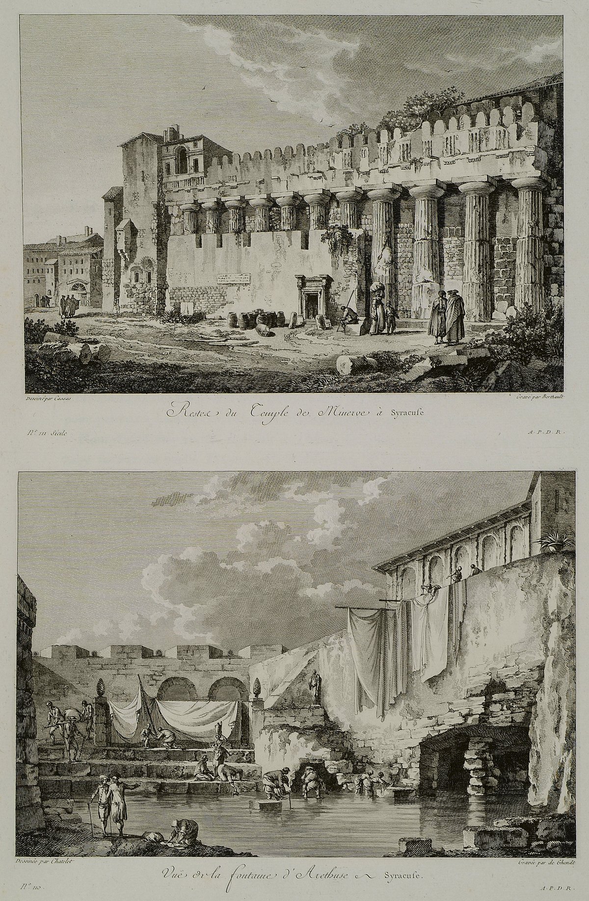 Ruins of the Temple of Minerva and view of the Fountain of Arethusa in Syracuse