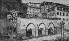 Woodcut illustration of Fontebranda fountain in Siena