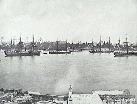 Royal Navy squadron ships moored in Farm Cove Sydney around 1880 including HMS Egeria, Rapid, Alert, Opal, and Calliope