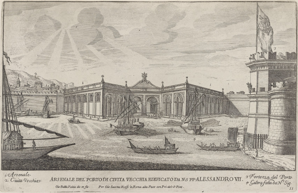 Historical map showing armory, fortress, and galley in the Port of Civita Vecchia