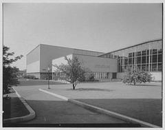 Exterior view of Cabot Center Gym at Northeastern University in Boston, Massachusetts, 1957