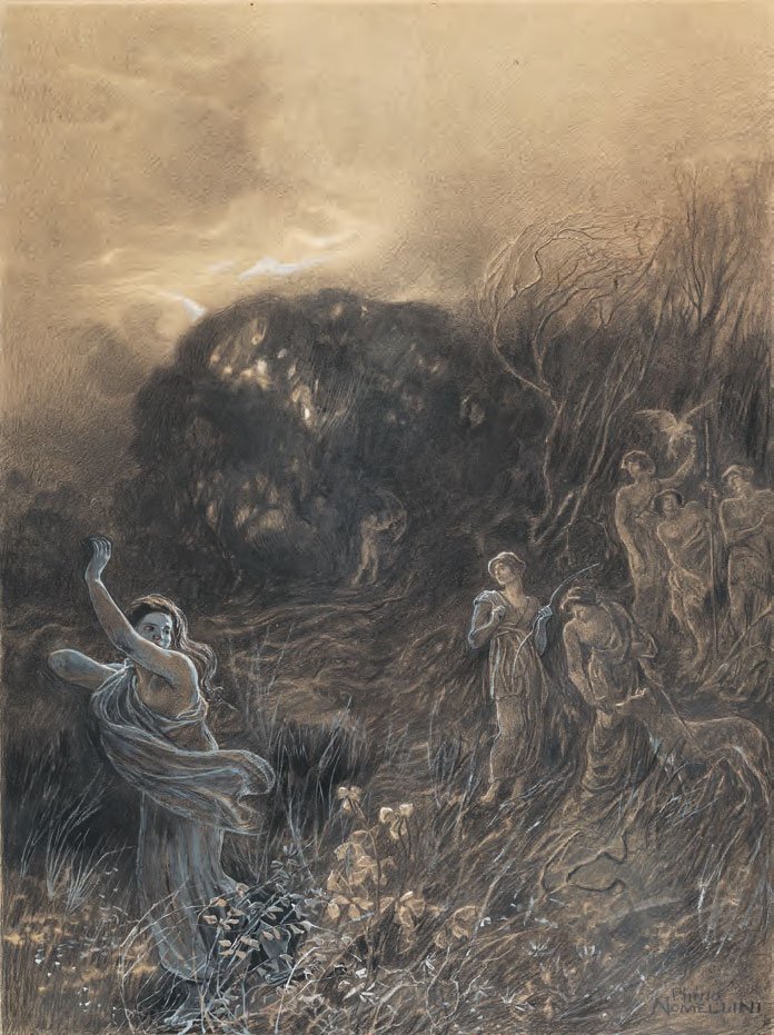Plinio Nomellini painting of the nymph Helice being chased away by Diana from Purgatory Canto XXV
