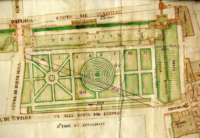 Detail of the 1659 plan of Giardino Salvi Valmarana in Vicenza showing garden layout