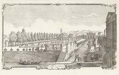 Garden of Coco Valmarana in Vicenza with figures strolling and gondola on water
