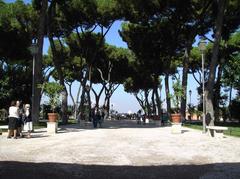 A panoramic view of the Giardino degli Aranci (Orange Garden) in Rome with orange trees and scenic cityscape in the background