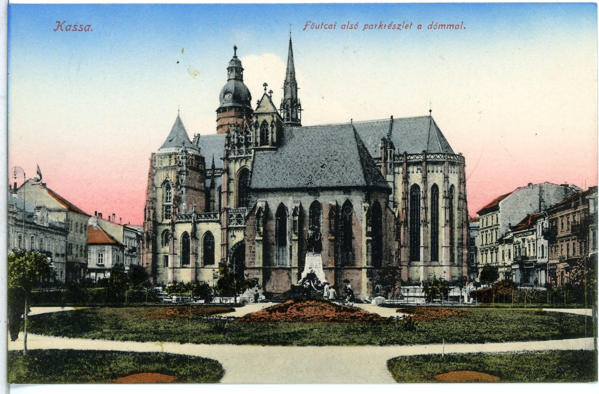 Historical photograph of Kassa city center with lower park section and cathedral in 1912