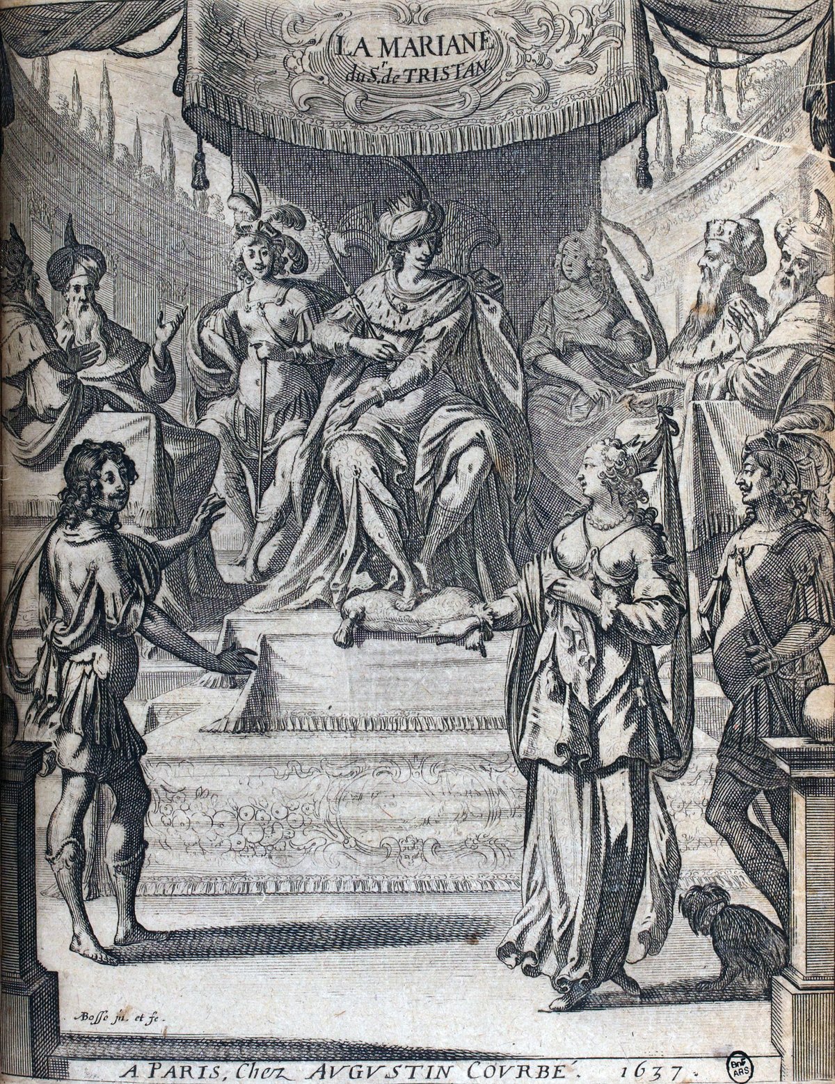 Frontispiece of La Mariane, a 1636 French play by Tristan l'Hermite, performed at Théâtre du Marais, Paris
