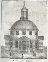 Evangelical church in Warsaw with architectural details and clear sky