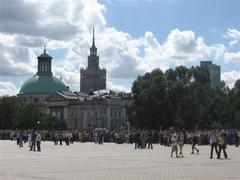 Warsaw city skyline with the Palace of Culture and Science at sunset