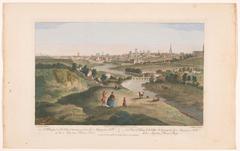 Colored etching of a city view of Dublin from Phoenix Park in 1753 with detailed cityscape, public gardens and people