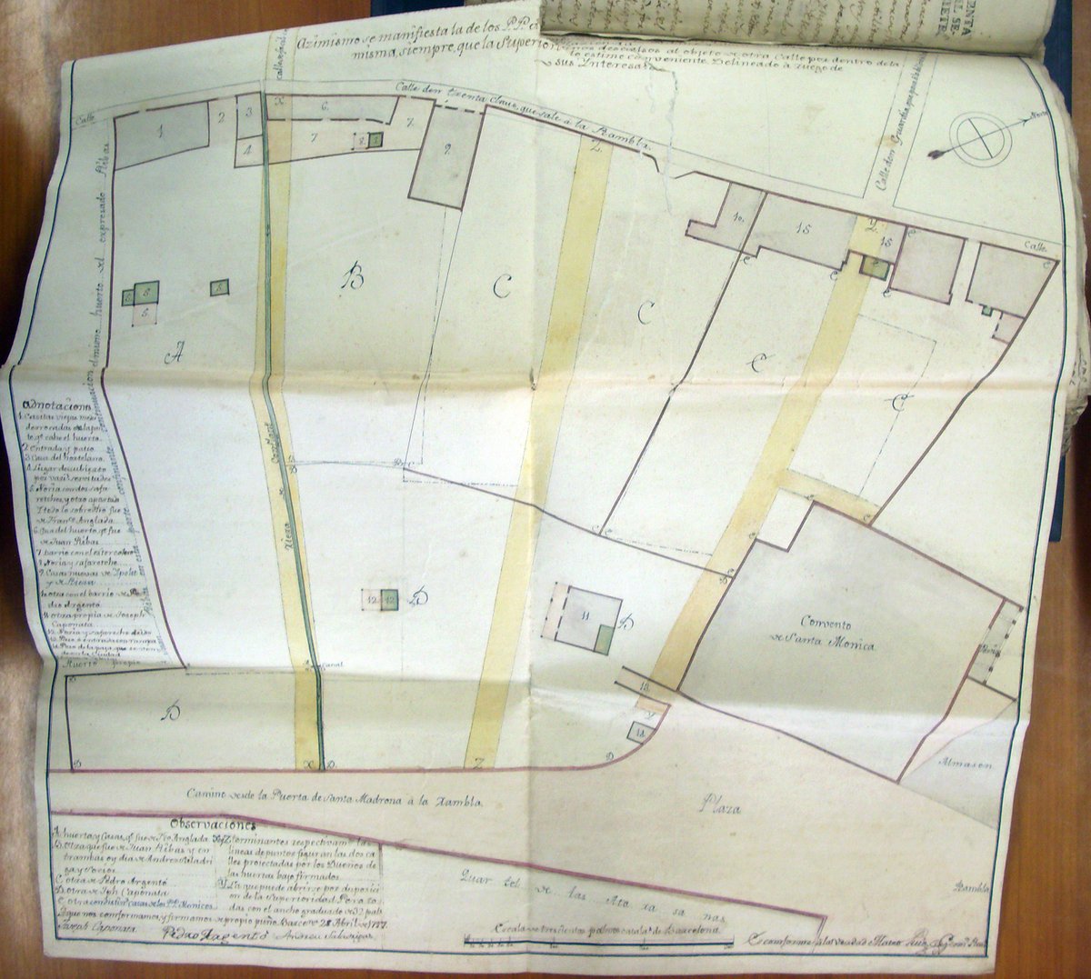 Map of Santa Monica Convent and adjacent gardens showing plans for three new streets by Josep Caponata, Pere Argentó, and Andreu Saladrigas
