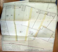 Map of Santa Monica Convent and adjacent gardens showing plans for three new streets by Josep Caponata, Pere Argentó, and Andreu Saladrigas