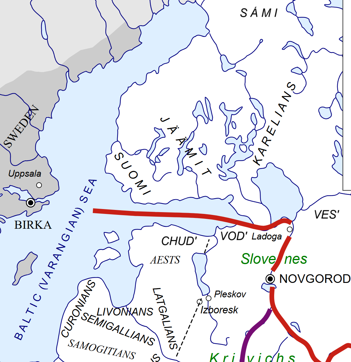 Map of the Baltic region in the 10th century showing emerging cities, states, and peoples