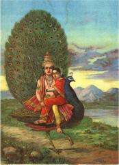 Hindu god Kartikeya with his wife Devasena in traditional attire