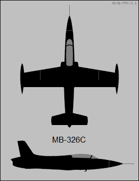 2-view silhouettes of Aermacchi MB-326C military jet trainer aircraft