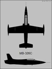 2-view silhouettes of Aermacchi MB-326C military jet trainer aircraft