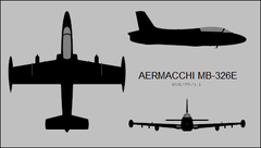 Three-view silhouettes of the Aermacchi MB-326E aircraft