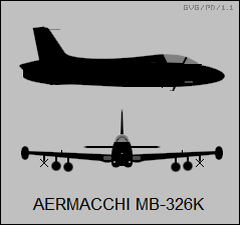 Silhouettes of Aermacchi MB-326K jet trainer aircraft from side and top views