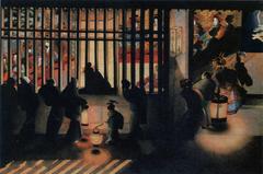 Yoshiwara Night Scene ukiyo-e painting by Katsushika Ōi featuring vibrant activity in a historic Japanese pleasure district