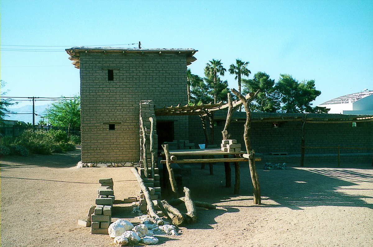 Bright blue sky over palm trees at the recreated Mormon Fort site, an 1850s settlement in Nevada
