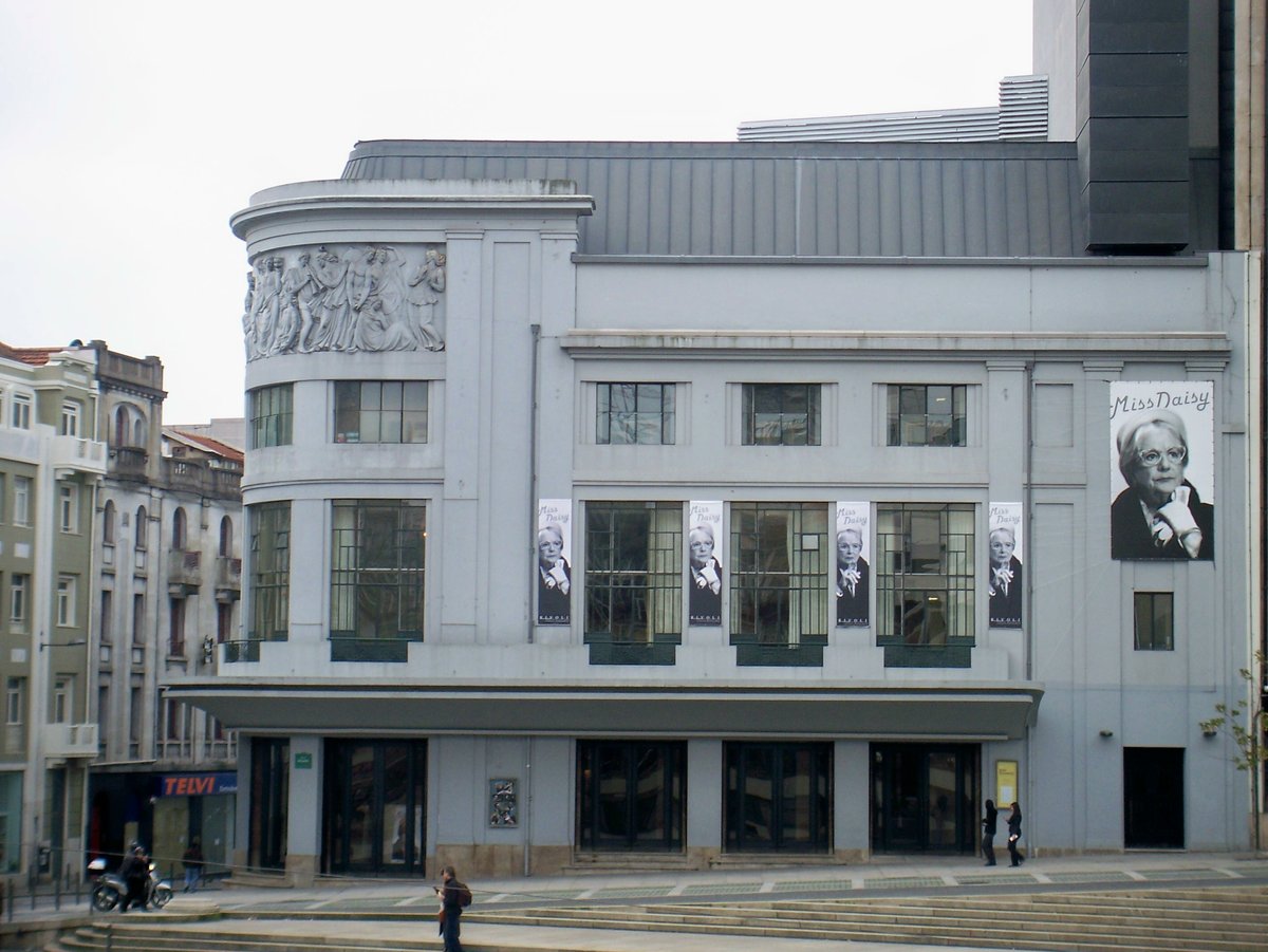Porto Teatro Rivoli building exterior with modern architecture and glass panels under a blue sky