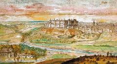 View of Madrid showing the Royal Alcazar in 1562, sepia ink and color wash drawing