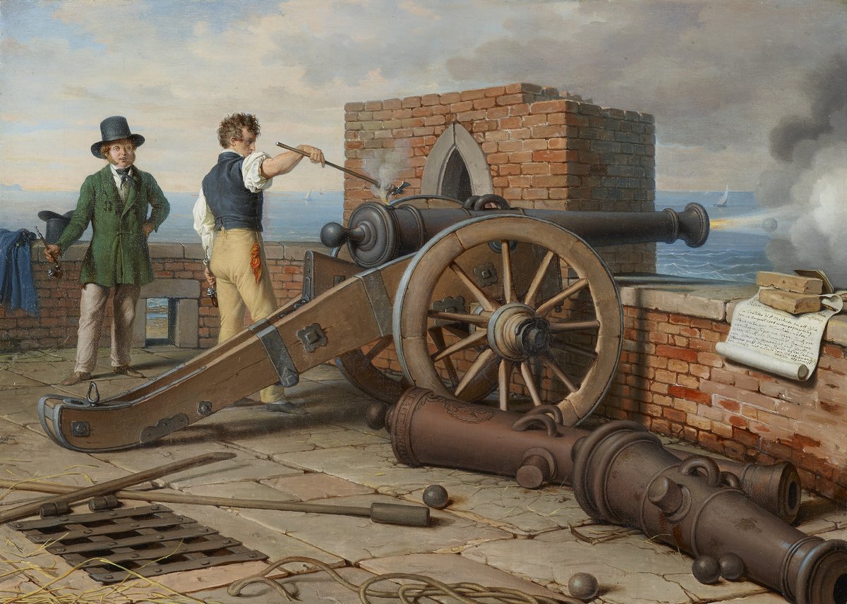Painting of artist friends firing a cannon at the Fortress Michele near Ostia, depicting Ferdinand Jagemann and Peter Krafft