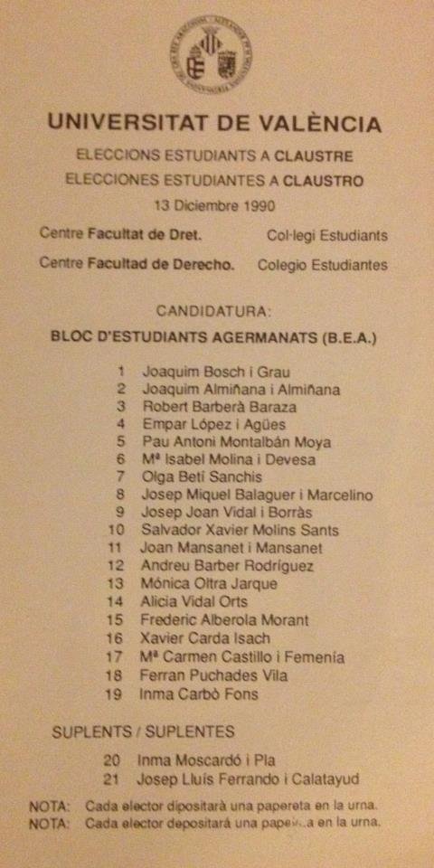 1990 Bloc d'Estudiants Agermanats ballot paper for University of Valencia Claustro elections