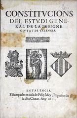 Cover page of the 1611 Constitutions of the Estudi General of Valencia