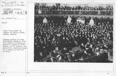 Irish Parliament session in Mansion House, Dublin with Sinn Fein members, women, priests, and students in attendance