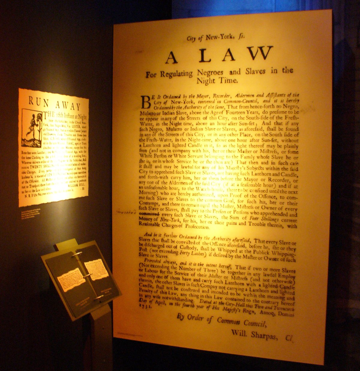Historical law document titled 'A Law for Regulating Negro's & Slaves in the Night Time' from New York City