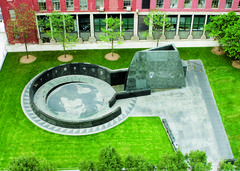 Aerial view of African Burial Ground National Monument with grounds and reburial site