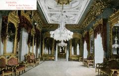 Vintage photomechanical print postcard showing a parlor room at the Palace in Havana with halftone and tinted effects