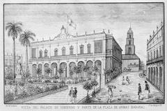Uncolored lithograph of the Palacio de Gobierno in Havana