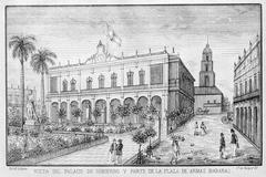Uncolored lithograph of Palacio de Gobierno and Plaza in Havana