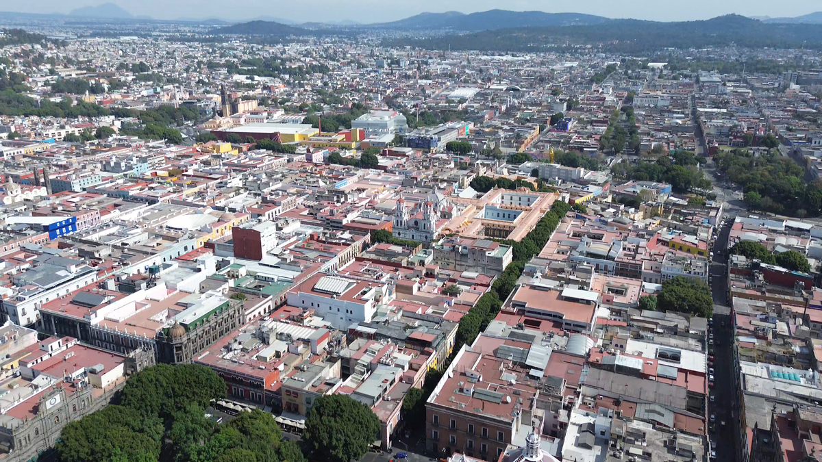 Aerial view of the historic center of Puebla city, Mexico, from the east side captured by a drone