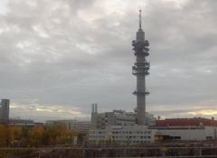 YLE Transmission Tower in Pasila, Helsinki with a clear blue sky background