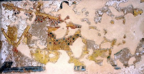 Boat with furled sail on pilgrimage to Abydos from tomb of Ramses III
