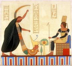 Harper playing musical instrument before Egyptian gods Onuris-Shu and Ra-Horakhty in tomb of Ramses III KV11
