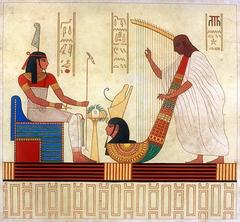 Ancient Egyptian Harper playing music before the deities Shu and Atum
