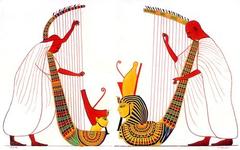Ancient Egyptian scene from the tomb of Ramses III showing Harpers before deities