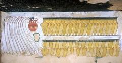 Star pattern with elephant tusks, wadjet eye amulet, Mycenaean stirrup jar, stone vessel, amphorae in Ramses III tomb scene