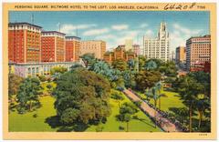 Pershing Square with Biltmore Hotel on the left in downtown Los Angeles, California
