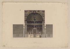 Watercolor and ink drawing with gold paint highlights showing the choir elevation of the Basilica of Saint Clement of the Lateran in Rome