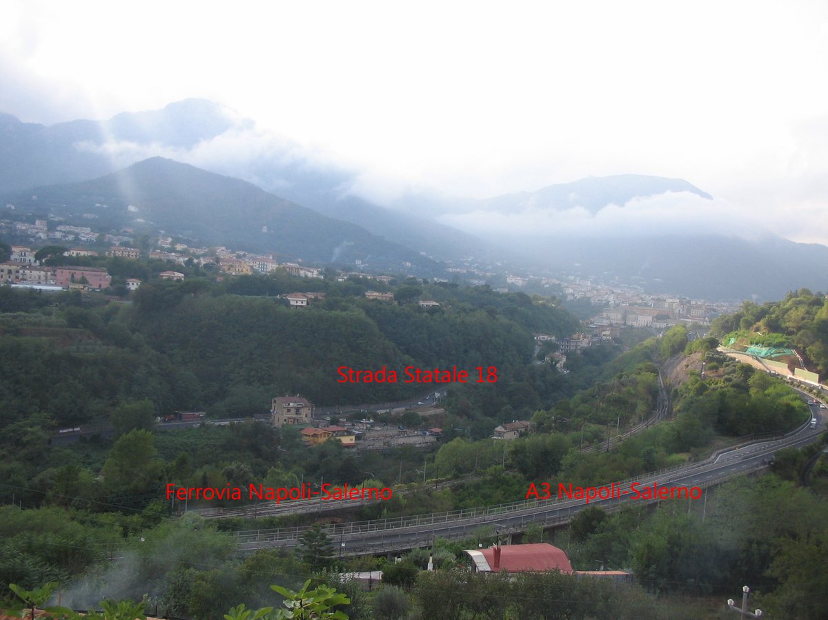 Scenic view of Molina in Vietri Sul Mare, Italy with Statale road, highway, and railway tracks