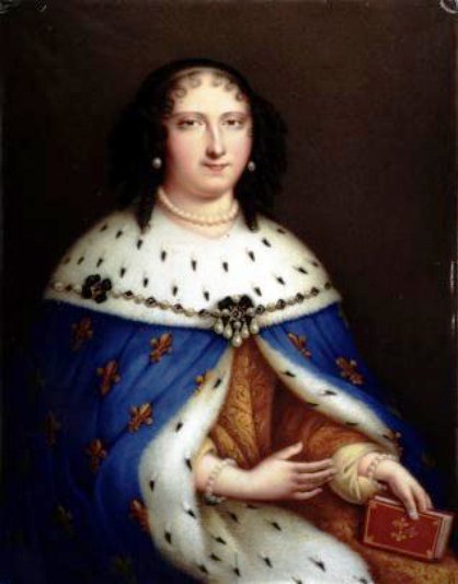 Portrait of Madame de Maintenon seated against a brown background wearing a fur mantle with fleur-de-lis, holding a breviary