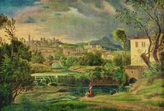 Romantic 1830 oil painting of Bergamo showing the Morla stream with two washerwomen near a waterfall, old bridge by Porta Sant'Agostino, and view of Città Alta with Sant'Agostino monastery complex