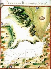 Historic map of Bergamo in 1654 titled Pianta di Bergomo il Vecch