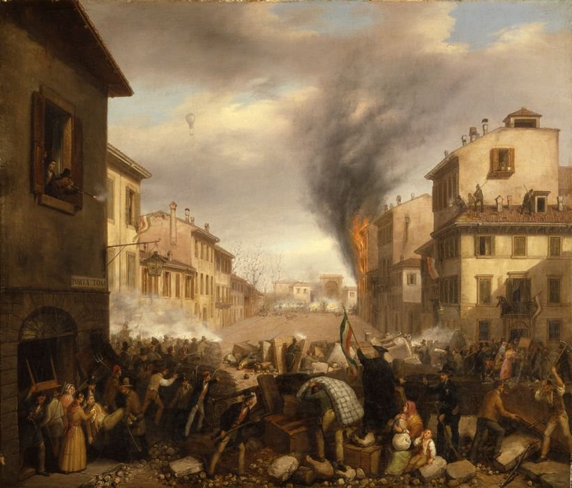 Historic black and white photo of the five days of Milan uprising in 1848