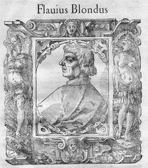 Portrait of Flavio Biondo, Italian Renaissance Humanist, woodcut from 1577 with ornamental frame